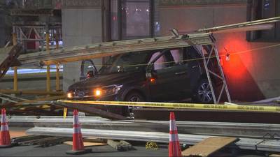 Car crashes into construction scaffolding in Downtown Seattle