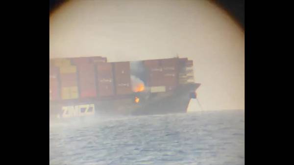RAW: Cargo ship that lost containers off Wash. coast catches fire