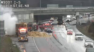 Semi-truck’s burning load of hay causes hours of delays on I-5 in Everett