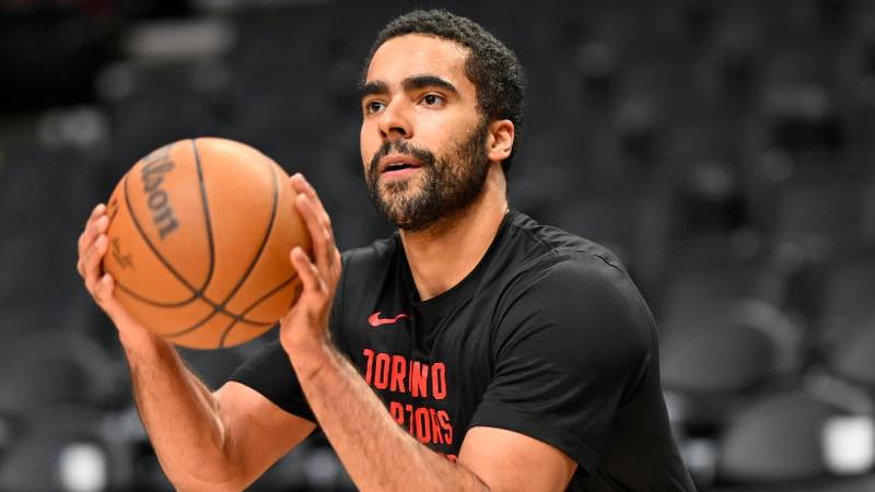 PORTLAND, OREGON - MARCH 09: Jontay Porter #34 of the Toronto Raptors warms up before the game against the Portland Trail Blazers at the Moda Center on March 09, 2024 in Portland, Oregon.(Photo by Alika Jenner/Getty Images)