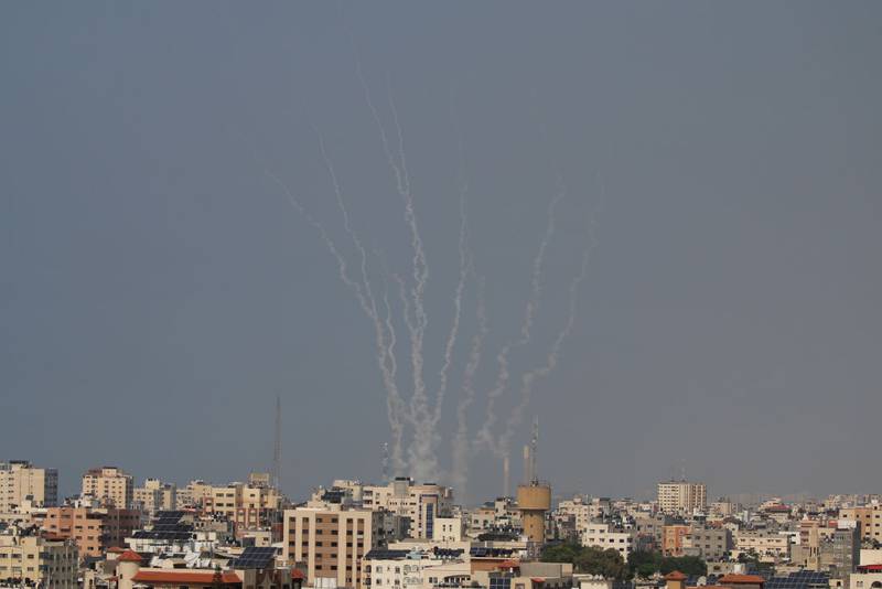 GAZA CITY, GAZA - OCTOBER 8, 2023: Rockets were fired towards Israel on October 8, 2023 at Gaza City, Gaza. After the attack launched by Hamas on Israel yesterday, which surprised them, Israeli Prime Minister Benjamin Netanyahu asked the Palestinians to leave Gaza, and warned that the army would turn Hamas positions “into rubble.” (Photo by Ahmad Hasaballah/Getty Images)