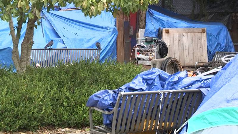 A homeless camp at Junction Plaza Park in West Seattle.
