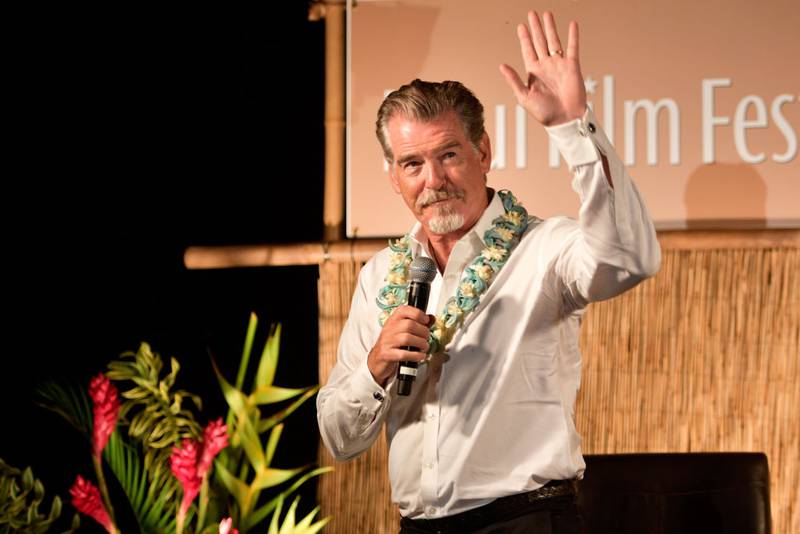 WAILEA, HI - JUNE 23:  Pierce Brosnan. recipient of the Pathfinder Award, speaks during the "Celestial Cinema" on day three of the 2017 Maui Film Festival At Wailea on June 23, 2017 in Wailea, Hawaii.  (Photo by Matt Winkelmeyer/Getty Images)