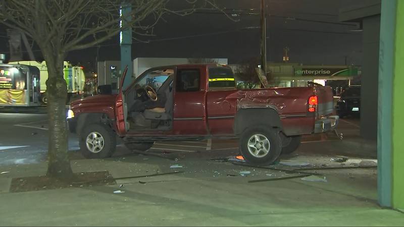 A Dodge pickup rammed a pot shop at East Marginal Way and South Michigan Street early Wednesday.