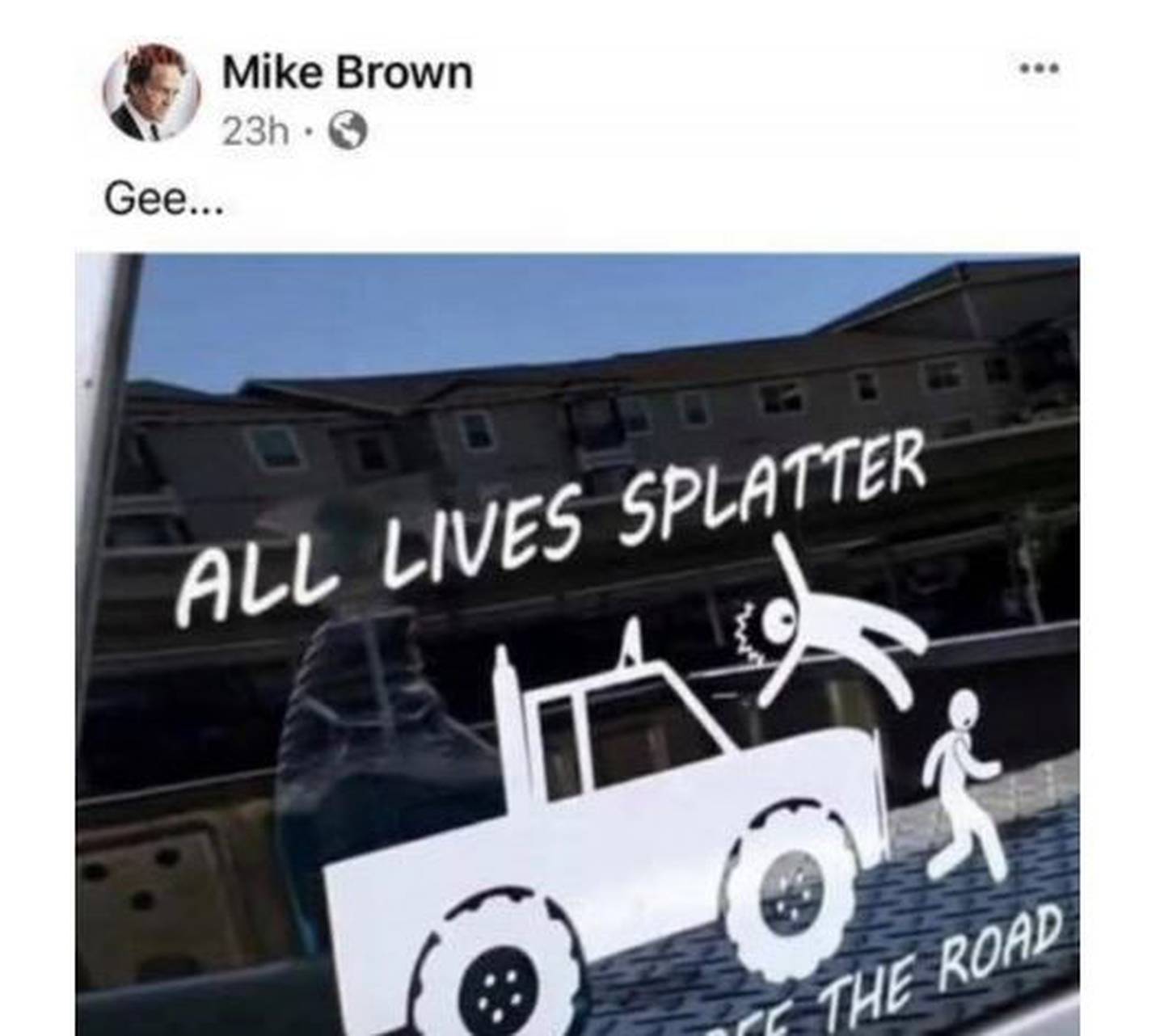 Screen shot of Mike Brown's social media post