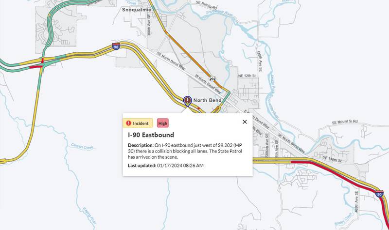 A closure at eastbound I-90 through North Bend