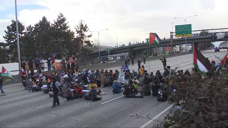 Protesters blocking I-5 through Seattle on Saturday, Jan. 6