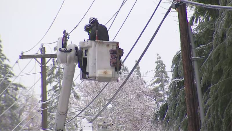 Crews at the scene of downed power lines in Monroe
