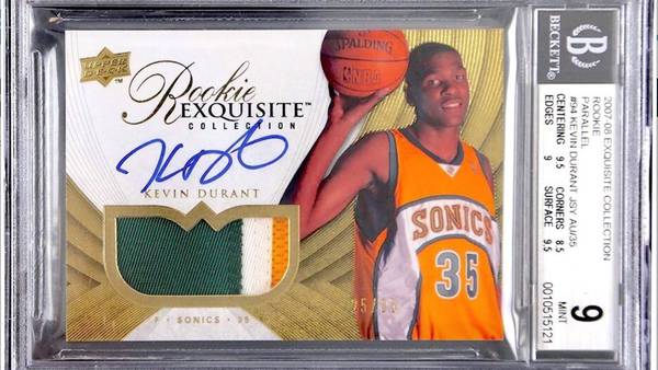 Current bidding for Kevin Durant SuperSonics rookie card at $625,000