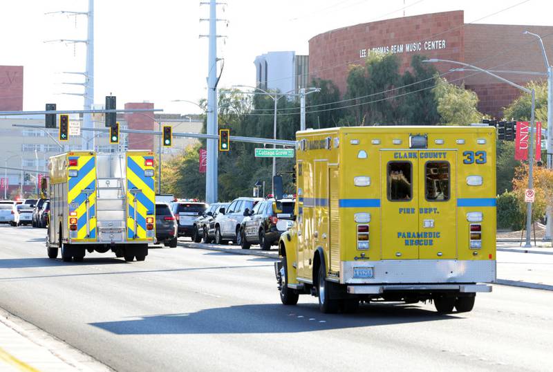 LAS VEGAS, NEVADA - DECEMBER 06: Clark County Fire Department vehicles head toward the UNLV campus after a shooting on December 06, 2023 in Las Vegas, Nevada. According to Las Vegas Metro Police, a suspect is dead and multiple victims are reported after a shooting on the campus. (Photo by Ethan Miller/Getty Images)