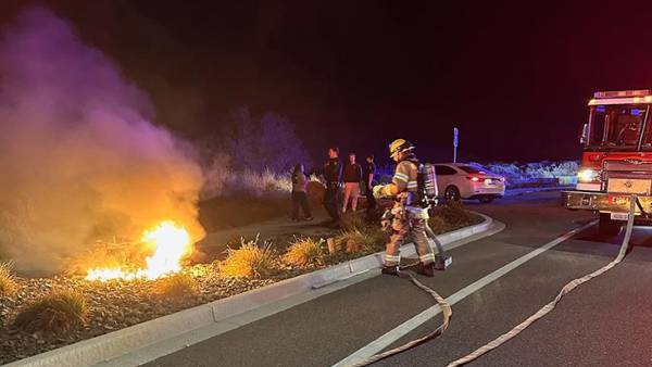 Motorcycle veers off road, catches fire in Kennewick crash