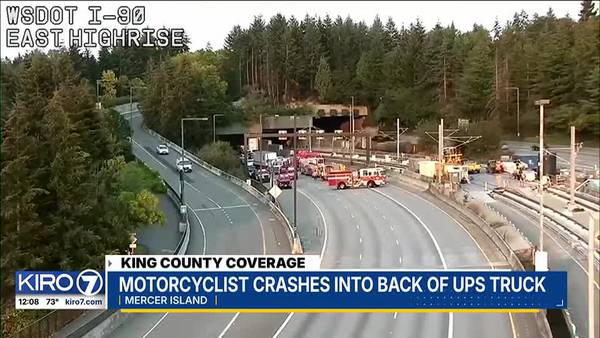 VIDEO: Motorcyclist crashes into back of truck on I-90