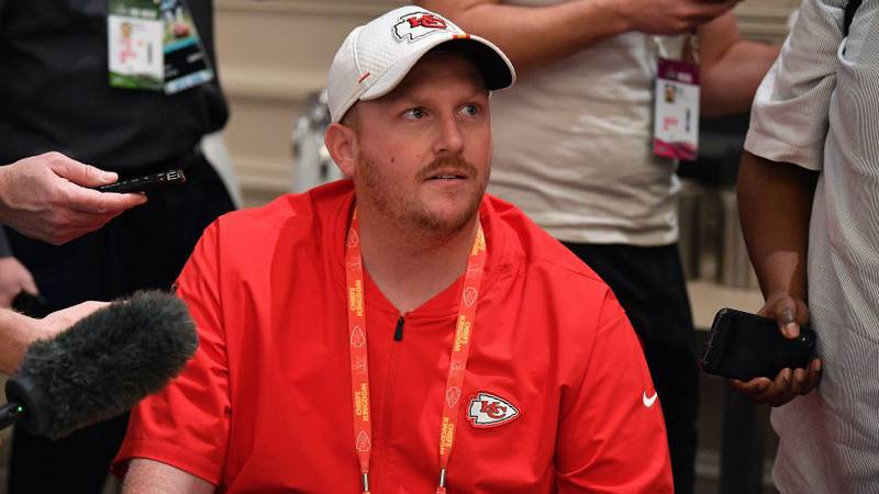 AVENTURA, FLORIDA - JANUARY 29: Britt Reid Linebackers coach for the Kansas City Chiefs speaks to the media during the Kansas City Chiefs media availability prior to Super Bowl LIV at the JW Marriott Turnberry on January 29, 2020 in Aventura, Florida. (Photo by Mark Brown/Getty Images)