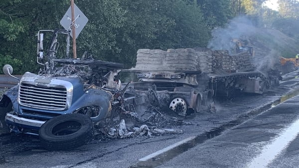 Traffic begins to move after hit-and-run crash with semi causes fire on I-405 in Renton