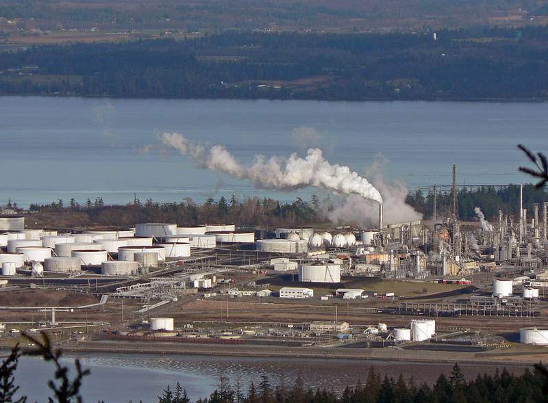 Shell Puget Sound Refinery on the south end of March Point; Padilla Bay (behind); Fidalgo Bay (foreground)