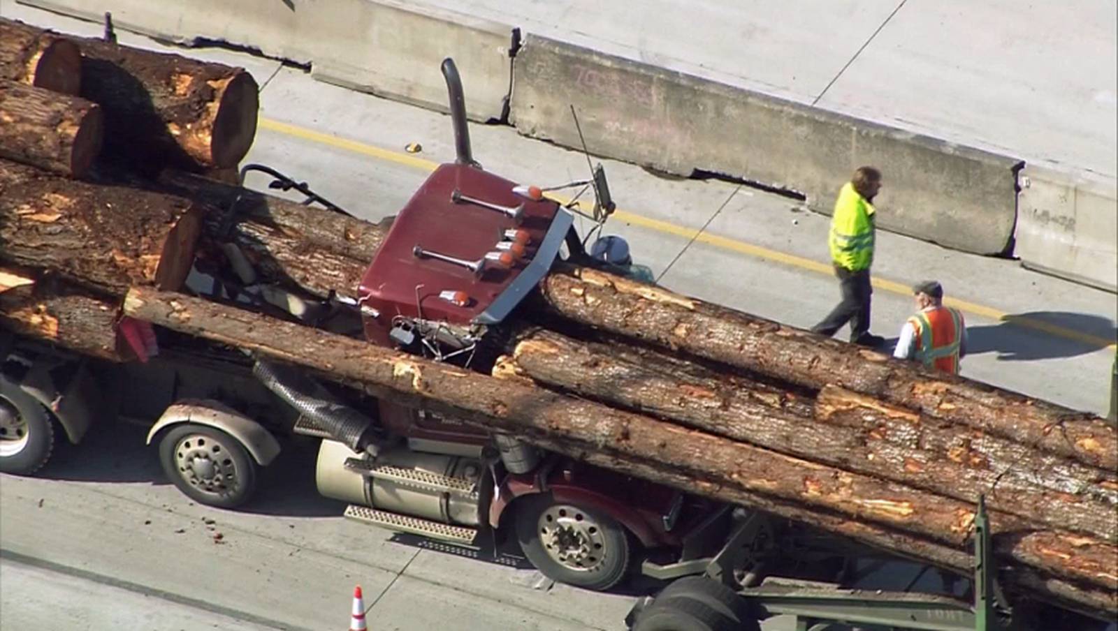 Crash involving logging trucks sends logs through truck's cab KIRO 7