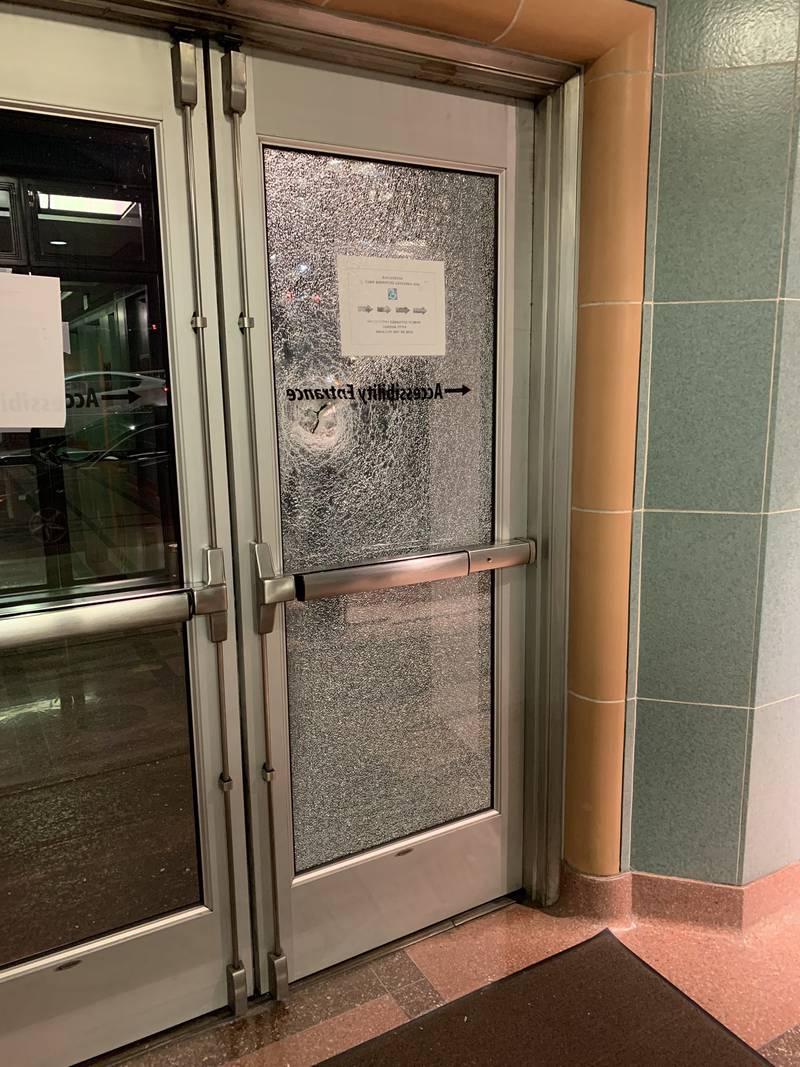 Multiple windows shattered at the William Kenzo Nakamura Courthouse at 6th Ave and Spring Street.