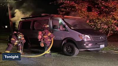 VIDEO: Suspect breaks window & sets van on fire