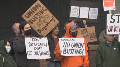 Starbucks workers rally outside company HQ on ‘Investor Day,’ accuse company of union-busting