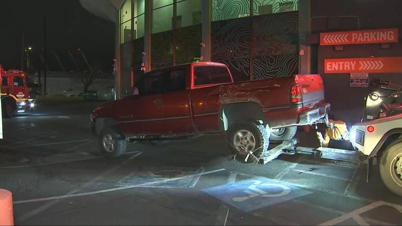A Dodge pickup rammed a pot shop at East Marginal Way and South Michigan Street early Wednesday.
