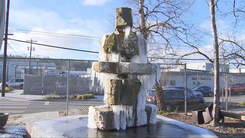 A frozen fountain in Seattle's South Park neighborhood