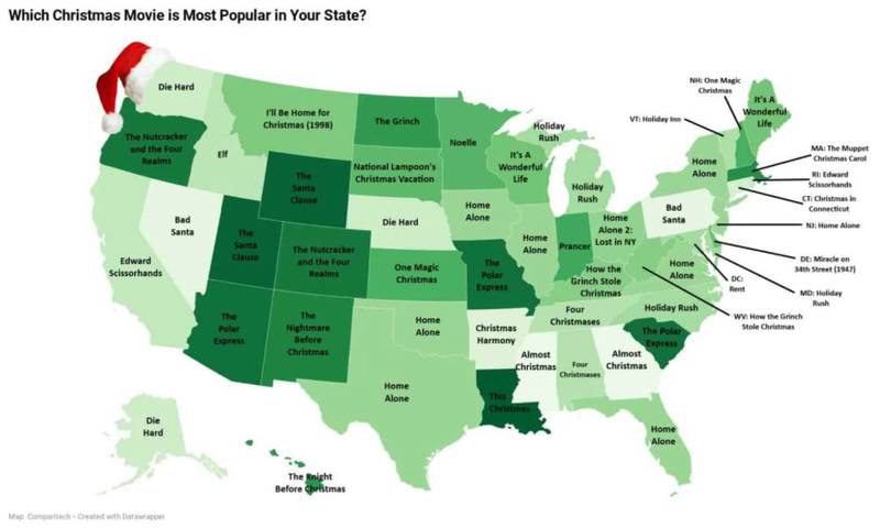 Map of most popular Christmas movies by state