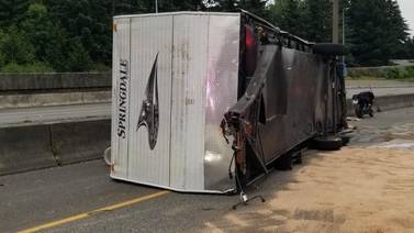 Overturned travel trailer snarls I-5 traffic in Olympia