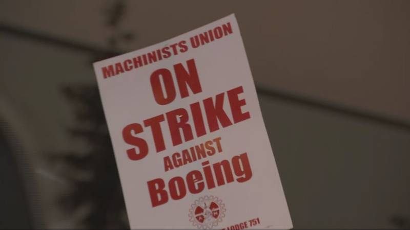 9-13-24. Boeing workers in Everett walk the picket line after rejection the company's proposed contract on Thursday.