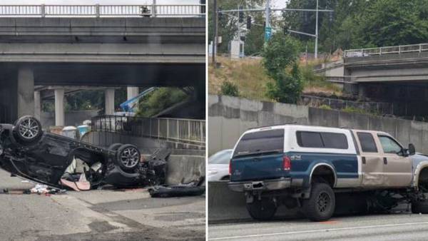 VIDEO: 1 of 2 victims dies in crash that closed I-5 near Shoreline