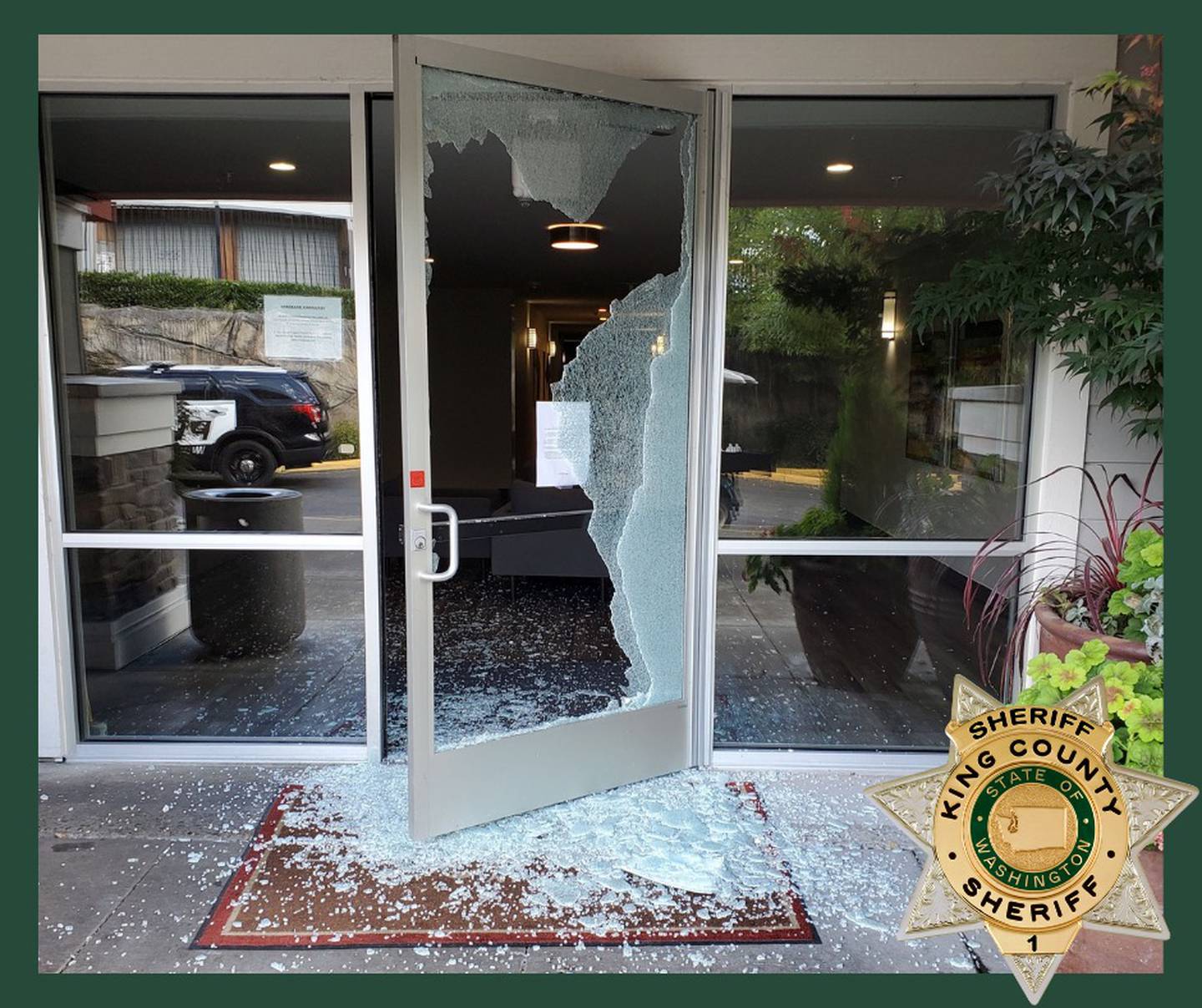 Deputies said the suspect through a rock to break out the glass door.