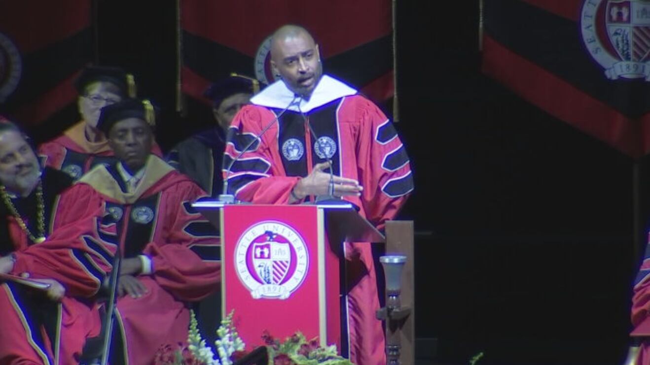 Doug Baldwin speaking at Seattle University's 2023 graduation ceremony