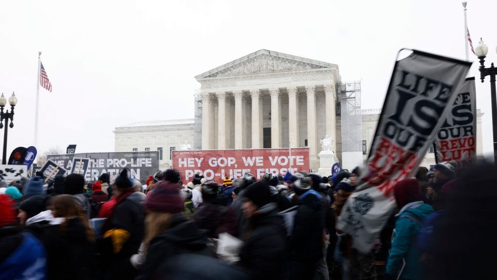 Anti-abortion activists march in front of the Supreme Court