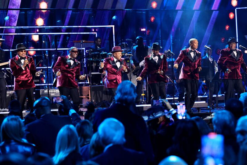 NEW YORK, NEW YORK - NOVEMBER 03: (L-R) Ricky Bell, Johnny Gill, Michael Bivins, Ralph Tresvant, Ronnie DeVoe and Bobby Brown of New Edition perform onstage during the 38th Annual Rock & Roll Hall Of Fame Induction Ceremony at Barclays Center on November 03, 2023 in New York City. (Photo by Theo Wargo/Getty Images for The Rock and Roll Hall of Fame )