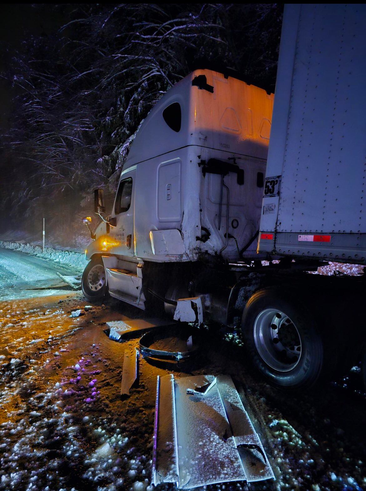 Conditions after a semi spun out on I-90 at Snoqualmie Pass