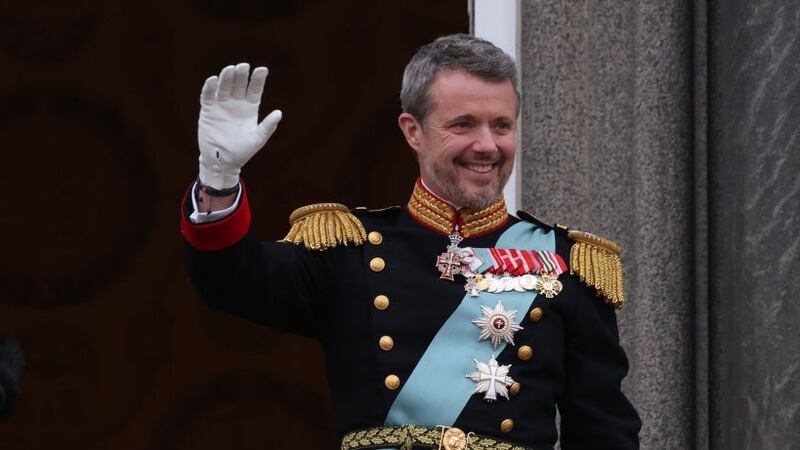 COPENHAGEN, DENMARK - JANUARY 14: The Crown Prince is formally proclaimed new Danish King Frederik X by the Prime Minister, Mette Frederiksen on the balcony of Christiansborg Palace on January 14, 2024 in Copenhagen, Denmark. King Frederik X is succeeding Queen Margrethe II, who will be stepping down after reigning for 51 years. (Photo by Sean Gallup/Getty Images)