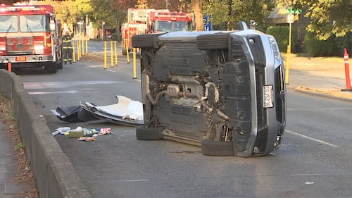 A driver had to be cut out of her car after a rollover crash on the Admiral Way SW Bridge in West Seattle on 10/1/24