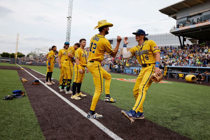 NEW YORK, NEW YORK - AUGUST 12:  Noah Bridges #9 of the Savannah Bananas is introduced before the game against the Party Animals at Richmond County Bank Ball Park on August 12, 2023 in New York City.  The Savannah Bananas were part of the Coastal Plain League, a summer collegiate league, for seven seasons. In 2022, the Bananas announced that they were leaving the Coastal Plain League to play Banana Ball year-round. Banana Ball was born out of the idea of making baseball more fast-paced, entertaining, and fun.   (Photo by Al Bello/Getty Images)