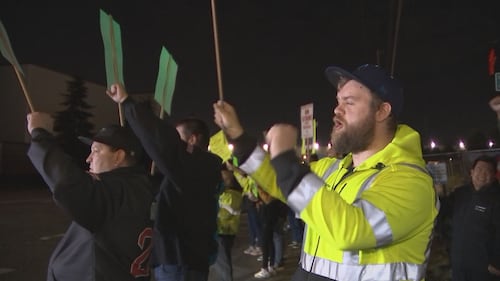 9-13-24. Boeing workers in Everett walk the picket line after rejection the company's proposed contract on Thursday.