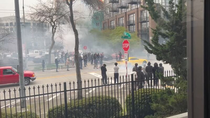 Tires squealed and smoke from burning rubber filled the air as cars did donuts outside the KIRO 7 studios on Saturday, April 15.