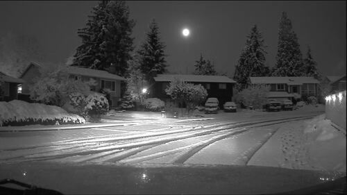 Snow fell in a narrow band just south of downtown Everett.