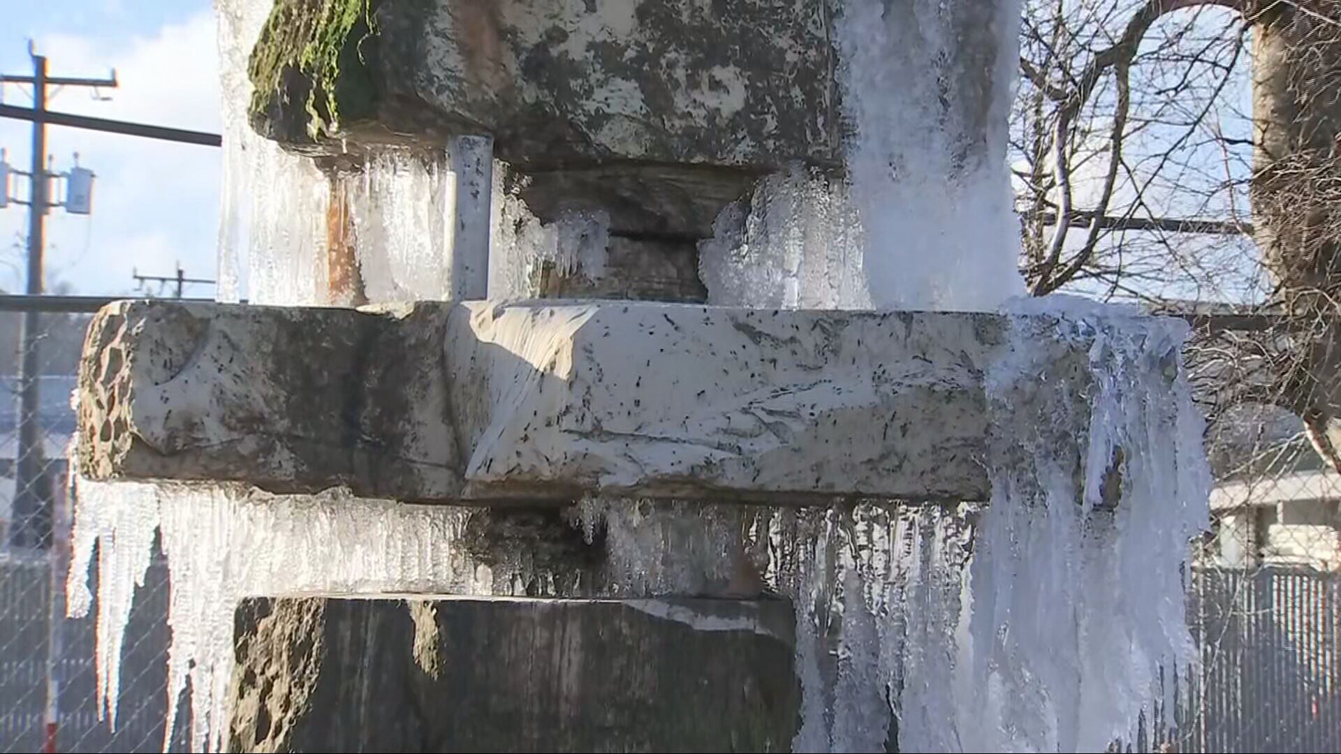 A frozen fountain in Seattle's South Park neighborhood