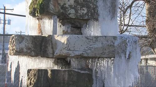 A frozen fountain in Seattle's South Park neighborhood