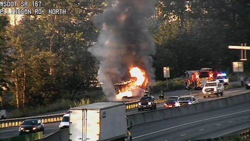 A trailer caught fire on the northbound SR 167 offramp to Ellingson Road.