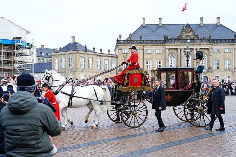 COPENHAGEN, DENMARK - JANUARY 14: Queen Margrethe II of Denmark leaves for the proclamation of HM King Frederik X and HM Queen Mary of Denmark at Amalienborg Palace Square on January 14, 2024 in Copenhagen, Denmark. Her Majesty Queen Margrethe II steps down as Queen of Denmark and and entrusts the Danish throne to His Royal Highness The Crown Prince, who becomes His Majesty King Frederik X and Head of State of Denmark. (Photo by Martin Sylvest Andersen/Getty Images)