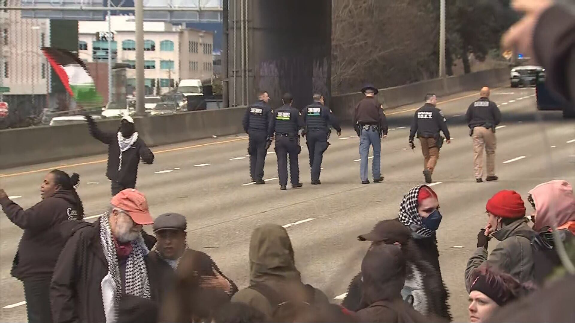 Protesters blocking I-5 through Seattle on Saturday, Jan. 6