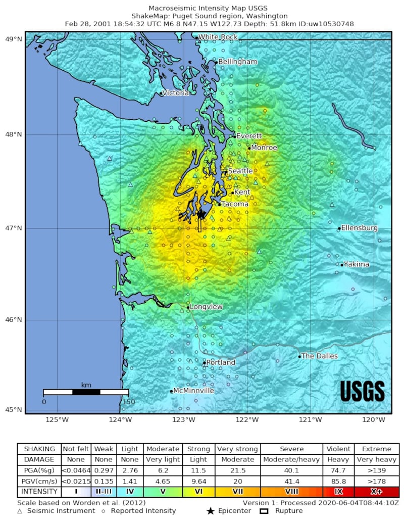 Nisqually earthquake intensity map