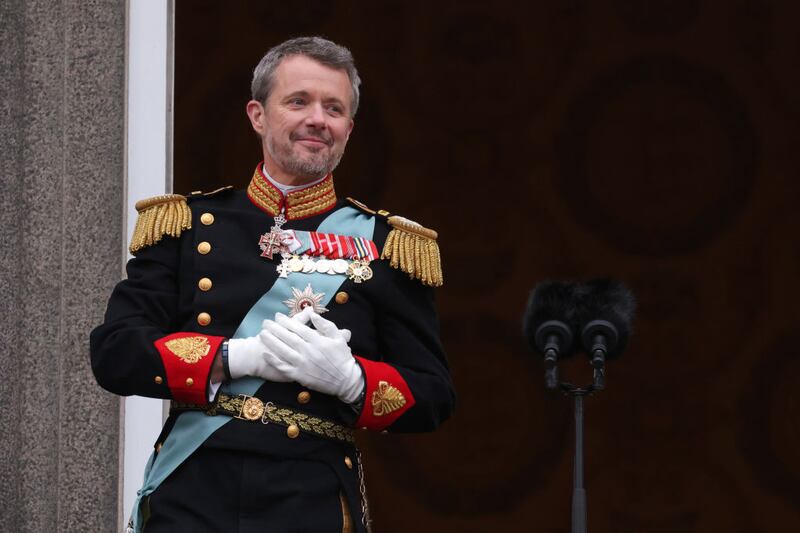 COPENHAGEN, DENMARK - JANUARY 14: The Crown Prince is formally proclaimed new Danish King Frederik X by the Prime Minister, Mette Frederiksen on the balcony of Christiansborg Palace on January 14, 2024 in Copenhagen, Denmark. King Frederik X is succeeding Queen Margrethe II, who will be stepping down after reigning for 51 years. (Photo by Sean Gallup/Getty Images)