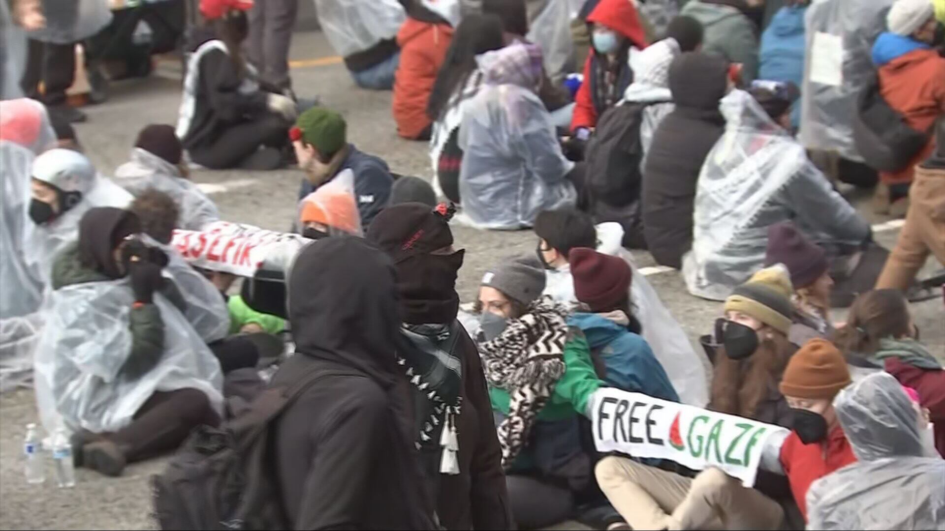 Protesters blocking I-5 through Seattle on Saturday, Jan. 6