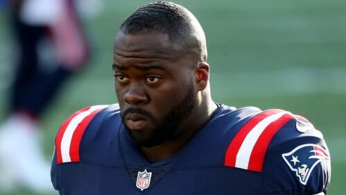 FOXBOROUGH, MASSACHUSETTS - OCTOBER 18: Korey Cunningham #74 of the New England Patriots looks on after the game against the Denver Broncos at Gillette Stadium on October 18, 2020 in Foxborough, Massachusetts. (Photo by Maddie Meyer/Getty Images)