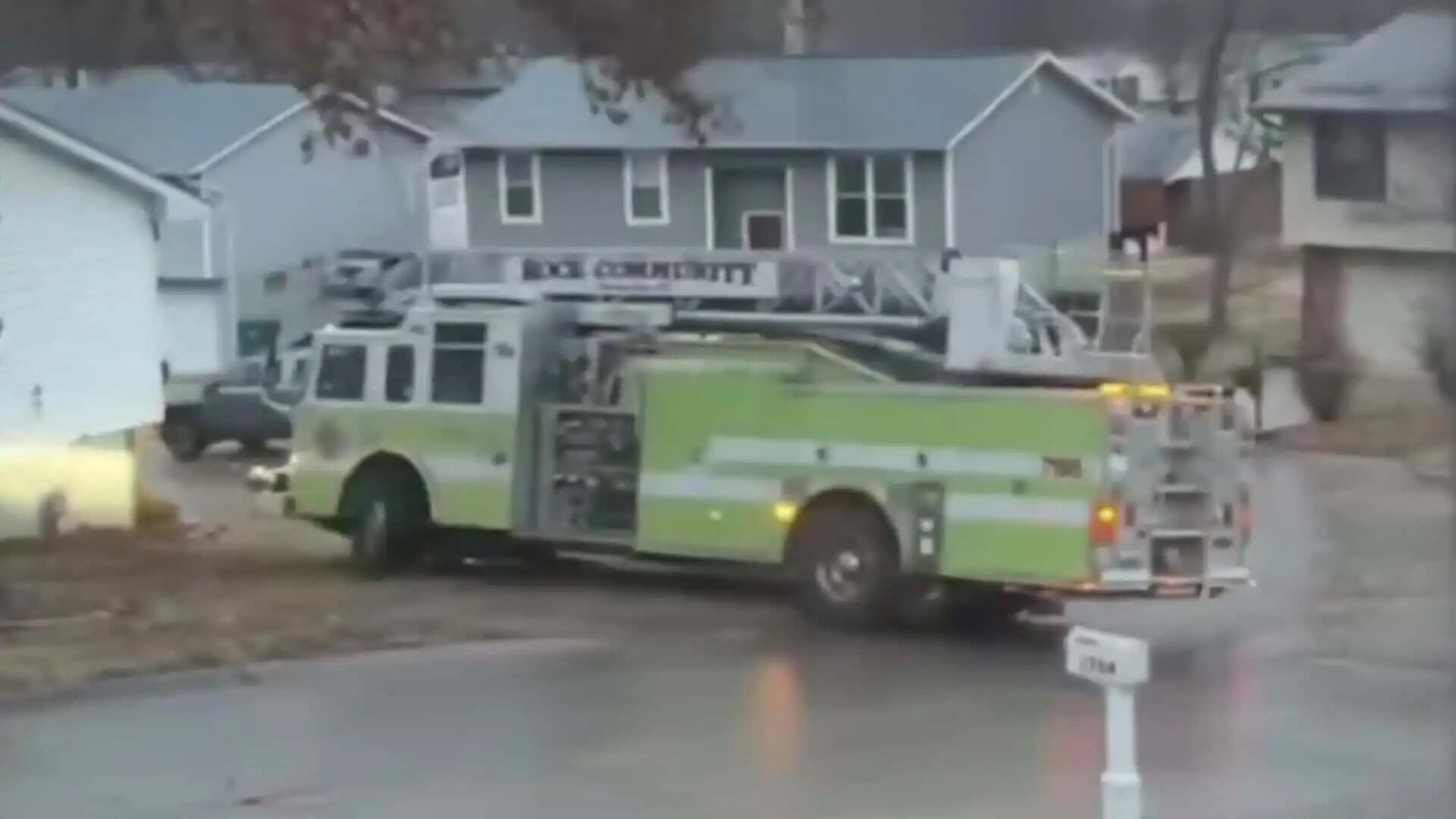 While no one was injured, the 56,000-pound fire truck did a 360-degree spin on the ice-covered street in Imperial, Missouri, and just missed hitting a home.
